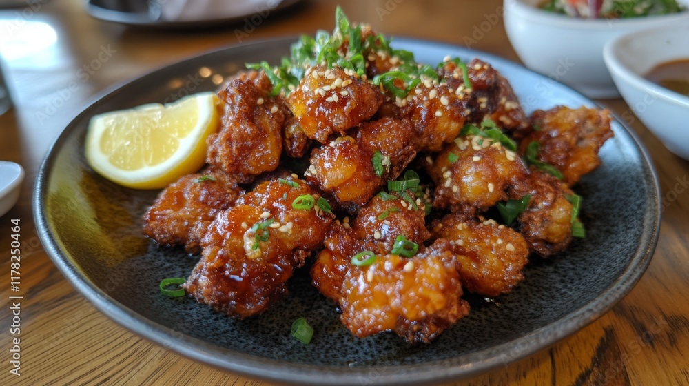 Fototapeta premium A plate of crispy and flavorful karaage, Japanese-style fried chicken marinated in soy sauce, ginger, and garlic, served with a squeeze of lemon.