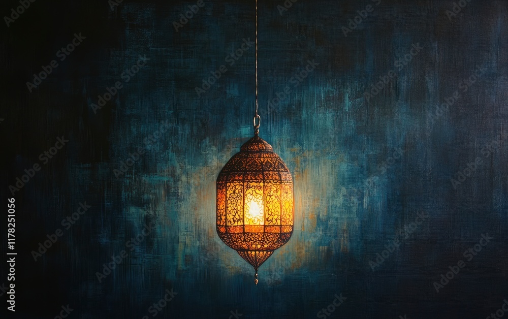 Obraz premium A single hanging lantern with intricate patterns casts an enchanting glow on the dark background, symbolizing Ramadan and spiritual enlightenment. The lantern's light creates soft shadows that add