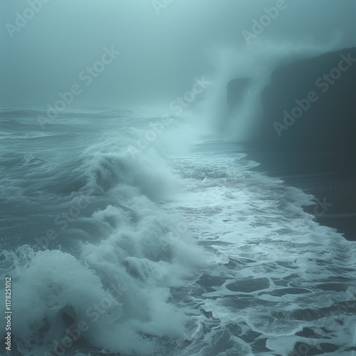 Moody Ocean Waves Crashing Against Coastal Cliffs
