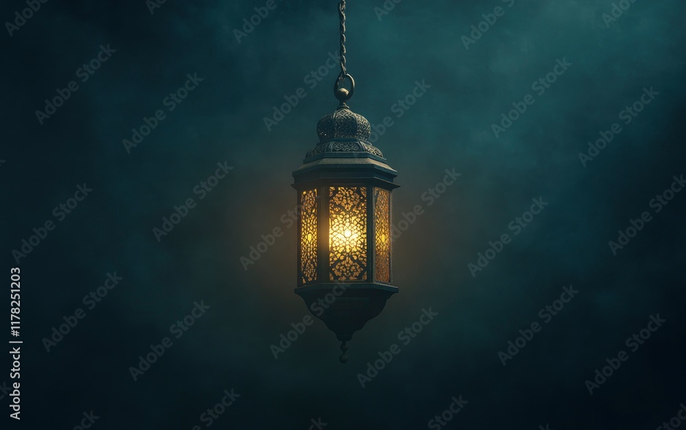 A single hanging lantern with intricate patterns casts an enchanting glow on the dark background, symbolizing Ramadan and spiritual enlightenment. The lantern's light creates soft shadows that add A single hanging lantern with intricate patterns casts an enchanting glow on the dark background, symbolizing Ramadan and spiritual enlightenment. The lantern's light creates soft shadows that add