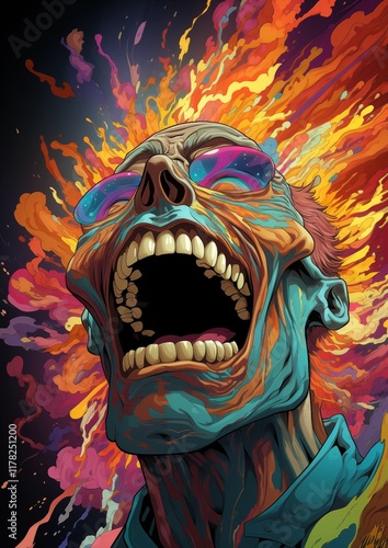 Exploding Skull with Psychedelic Colors and Intense Expression