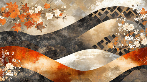 Abstract Japanese textile inspired design featuring waves, flowers, and autumn leaves in warm colors. This artwork evokes sense of tranquility and cultural richness