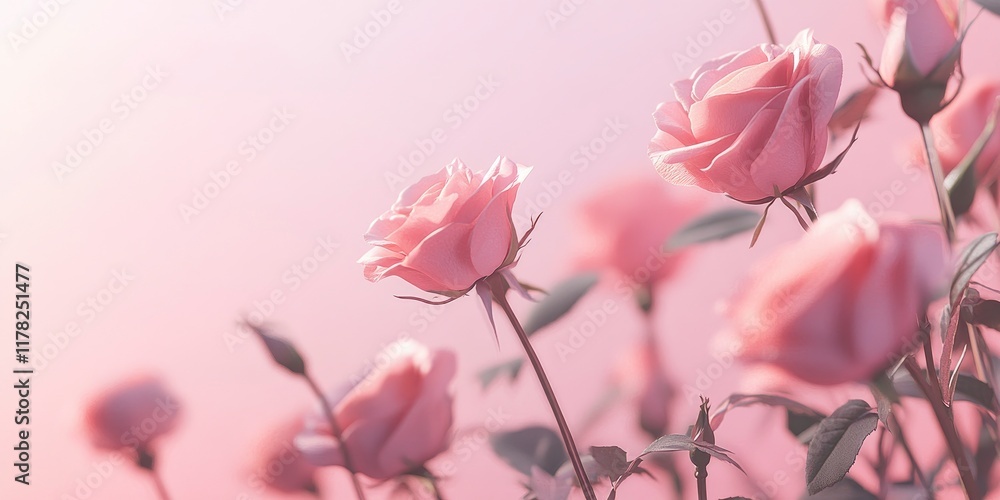Fototapeta premium A soft pink background with delicate roses, perfect for Valentine's Day or Mother's Day. A banner design with copy space and an elegant style. High resolution, high quality, high detail, professional 