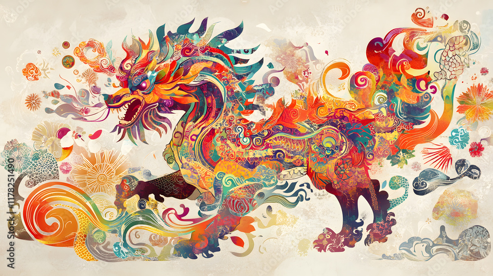 artistic illustration of colorful dragon representing Chinese zodiac, featuring intricate patterns and vibrant colors, symbolizing strength and power artistic illustration of colorful dragon representing Chinese zodiac, featuring intricate patterns and vibrant colors, symbolizing strength and power