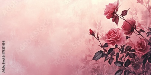 Fototapeta Naklejka Na Ścianę i Meble -  A soft pink background with roses and copy space for text, a Valentine's Day theme, a pastel color scheme, a minimalistic design, a blurred background of the rose garden, a romantic and dreamy atmosph