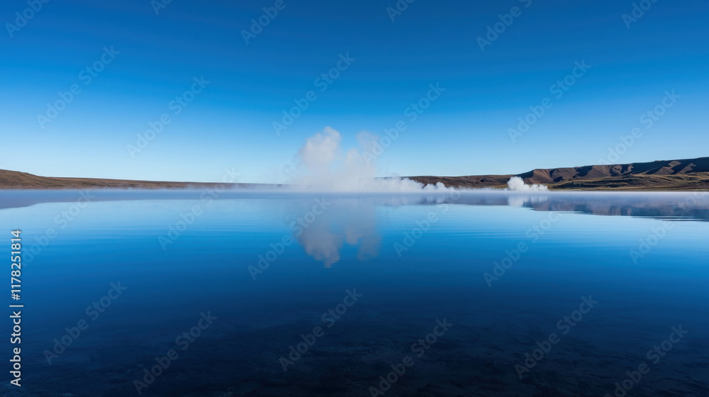 Surreal Scene with Smoky Vapor Flowing Over Serene Blue Water Surface