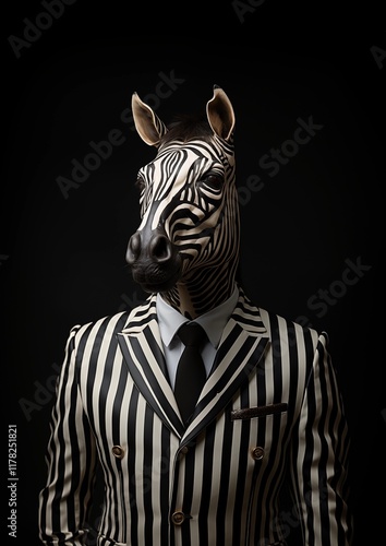 Anthropomorphic Zebra in Striped Suit Against Black Background