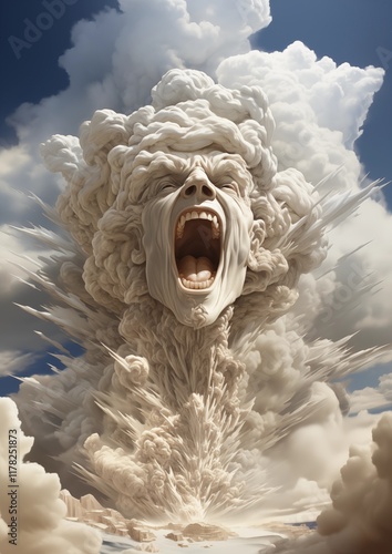 Surreal Explosion of a Screaming Face in Clouds