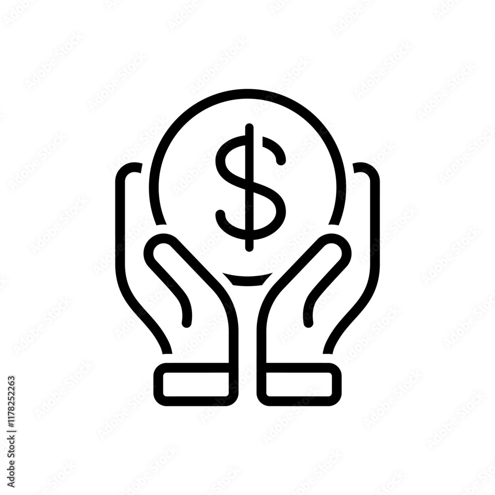 Money in hand line style icon. Hand Holding Coin PNG symbol. finance banking money savings holding on hand with dollar coin signs vector illustration for apps and website Money in hand line style icon. Hand Holding Coin PNG symbol. finance banking money savings holding on hand with dollar coin signs vector illustration for apps and website