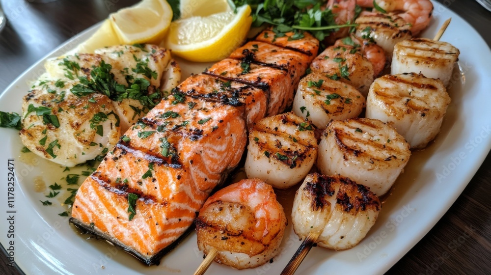 A seafood lover's dream platter featuring grilled salmon fillets, shrimp skewers, and scallops, served with a side of lemon wedges and fresh herbs. A seafood lover's dream platter featuring grilled salmon fillets, shrimp skewers, and scallops, served with a side of lemon wedges and fresh herbs.