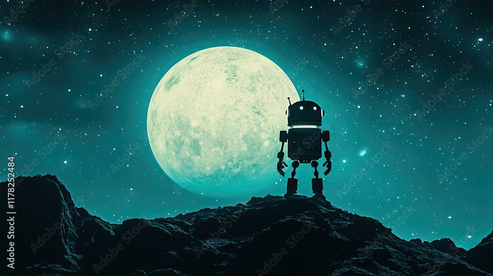 Obraz premium Robot stands on a rocky outcrop under a large moon and starry sky
