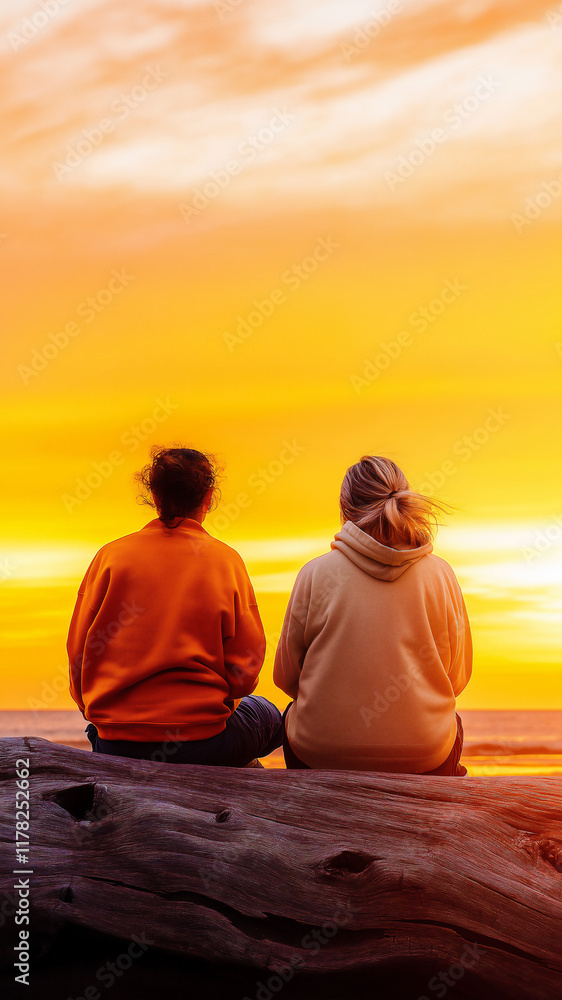 Friends enjoy a beautiful sunrise together on the beach while creating lasting memories Friends enjoy a beautiful sunrise together on the beach while creating lasting memories