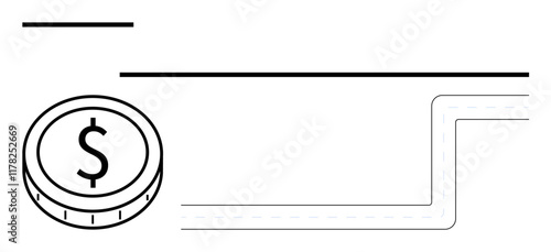 Monochrome coin with dollar sign surrounded by abstract horizontal and curved lines. Ideal for finance, payment systems, business growth, investments, banking, economy, and abstract line flat