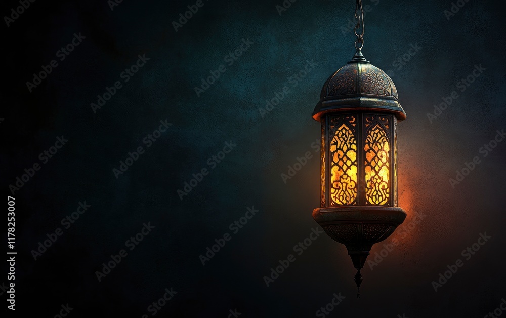 A traditional Islamic lantern, hanging in the dark with light casting onto an empty background. The lamp is intricately designed and illuminated by soft, warm lighting, creating a serene atmosphere A traditional Islamic lantern, hanging in the dark with light casting onto an empty background. The lamp is intricately designed and illuminated by soft, warm lighting, creating a serene atmosphere