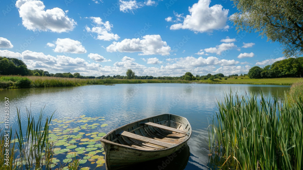 Serene Fishing Pond in the Countryside Under Beautiful Blue Sky with Clouds Serene Fishing Pond in the Countryside Under Beautiful Blue Sky with Clouds