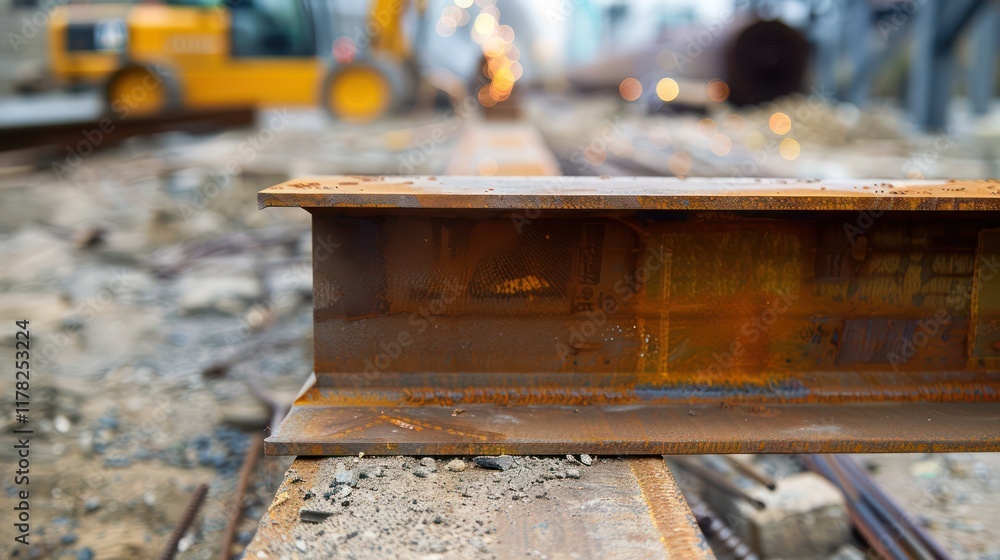 An H-BIM steel beam with a high-carbon finish rests at a construction site, surrounded by a rugged industrial setting, welding sparks, and blurred machinery in the background An H-BIM steel beam with a high-carbon finish rests at a construction site, surrounded by a rugged industrial setting, welding sparks, and blurred machinery in the background