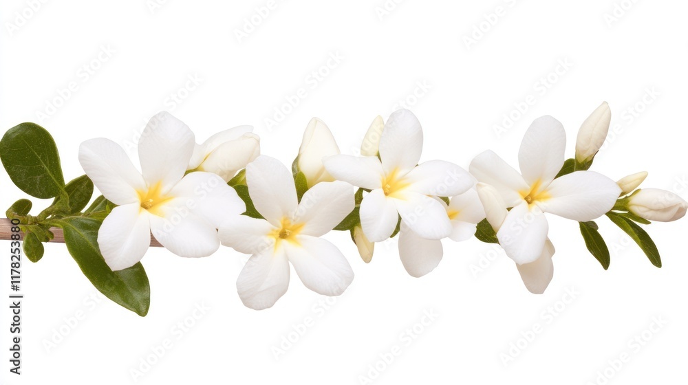 Fototapeta premium A delicate arrangement of white flowers with green leaves.