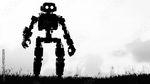 Silhouette Robot Standing in Grassy Field