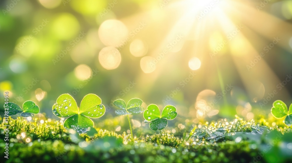 Obraz premium Dew-drenched clover leaves on soft moss, basking in the warm rays of sunlight streaming through a tranquil forest, creating a serene springtime scene