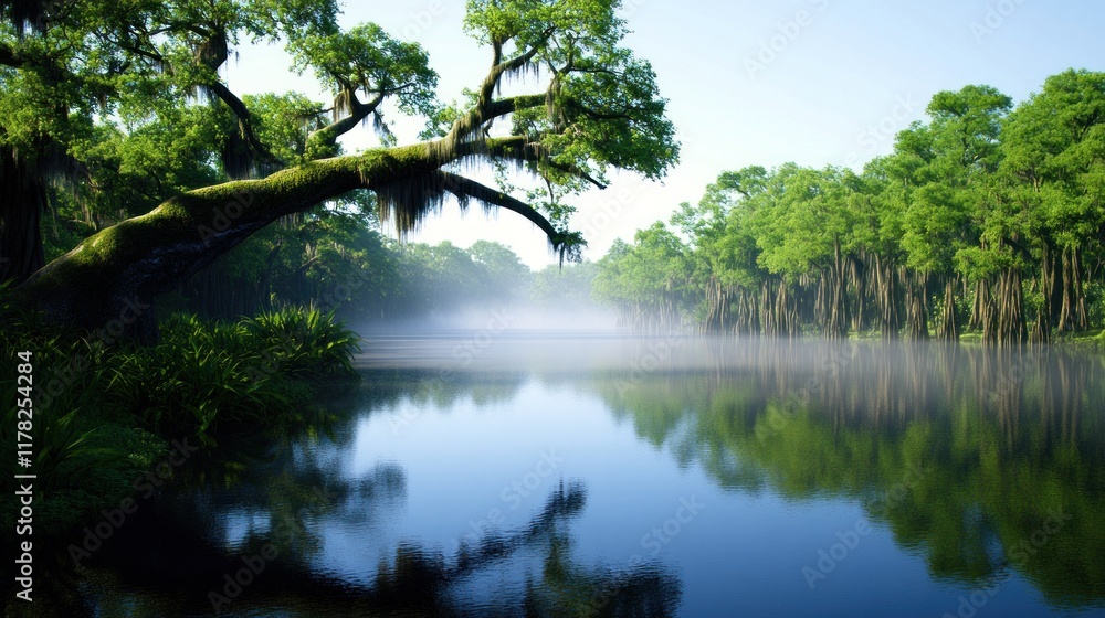 Tranquil river scene with lush trees and misty reflections. Tranquil river scene with lush trees and misty reflections.