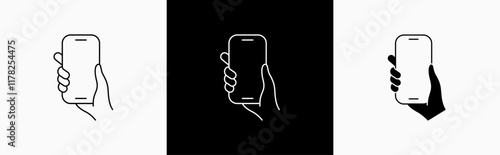 Hands holding mobile phone in line style icon. Smartphone held in flat style symbol. Hand holding a smartphone signs vector illustration for apps and website
