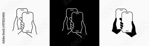 Hands holding mobile phone in line style icon. Smartphone held in flat style symbol. Hand holding a smartphone signs vector illustration for apps and website