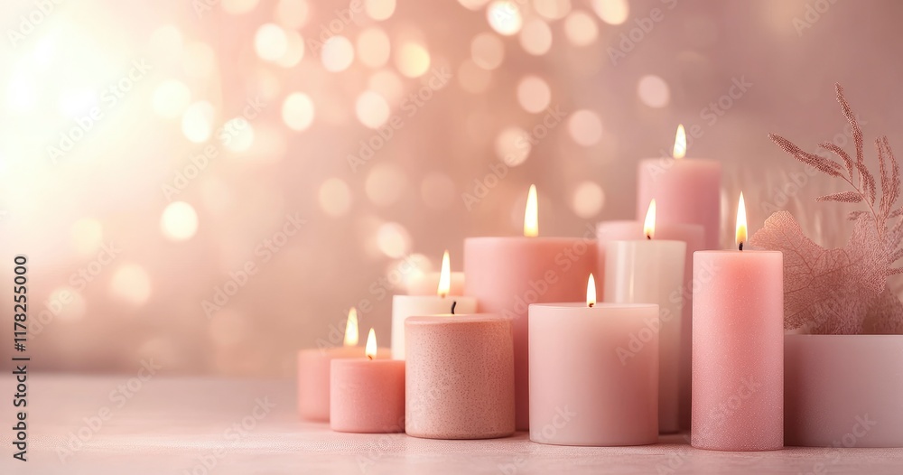 A warm and inviting background with soft, glowing candles in various sizes and colors, creating an atmosphere of serenity and peace. The focus is on the entire candle arrangement, with ample copy spac A warm and inviting background with soft, glowing candles in various sizes and colors, creating an atmosphere of serenity and peace. The focus is on the entire candle arrangement, with ample copy spac
