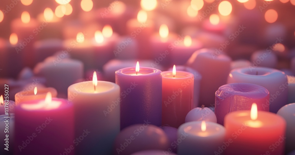 A warm and inviting background with soft, glowing candles in various sizes and colors, creating an atmosphere of serenity and peace. The focus is on the entire candle arrangement, with ample copy spac A warm and inviting background with soft, glowing candles in various sizes and colors, creating an atmosphere of serenity and peace. The focus is on the entire candle arrangement, with ample copy spac