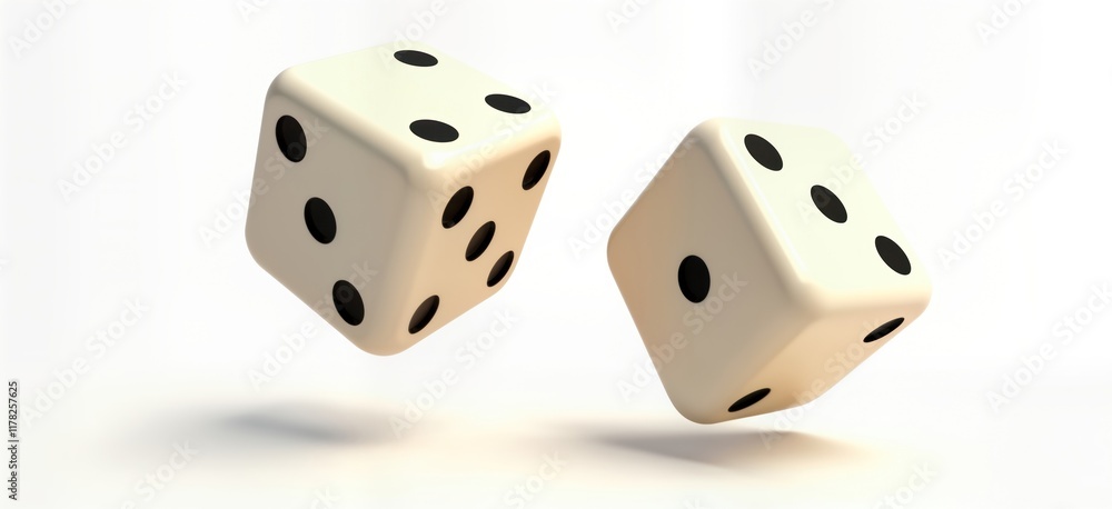 Two light beige dice float in mid-air against a white background. The dice are transparent and show black pips. A game or a gamble is suggested. Simple design for game illustrations. Two light beige dice float in mid-air against a white background. The dice are transparent and show black pips. A game or a gamble is suggested. Simple design for game illustrations.