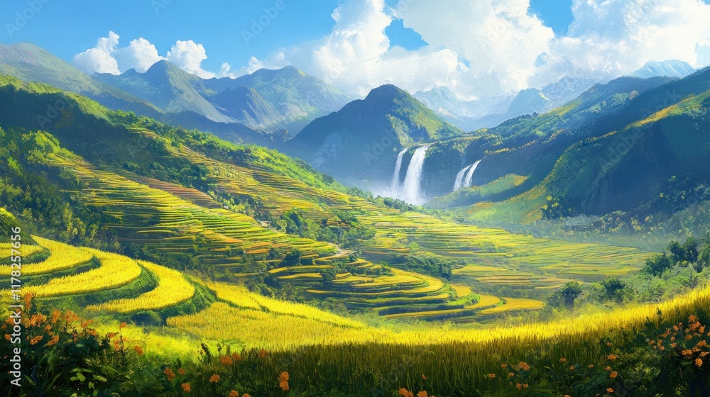 Obraz premium Serene landscape with rice terraces and waterfall.