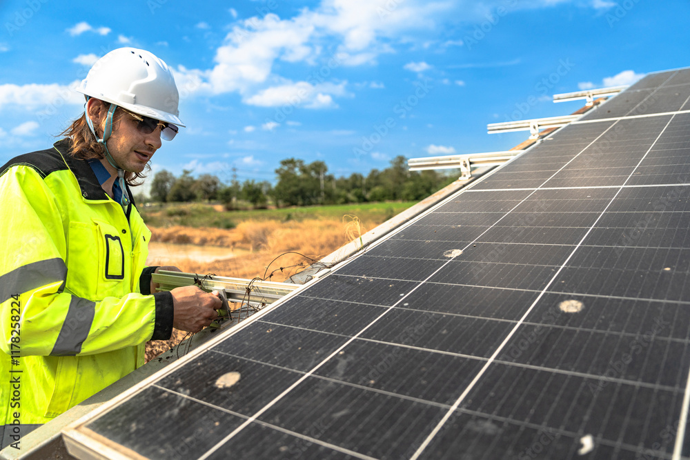 A solar technician in a high-visibility jacket and helmet stands next to a solar panel, with a serene landscape featuring a pond and distant greenery under a partly cloudy sky. A solar technician in a high-visibility jacket and helmet stands next to a solar panel, with a serene landscape featuring a pond and distant greenery under a partly cloudy sky.