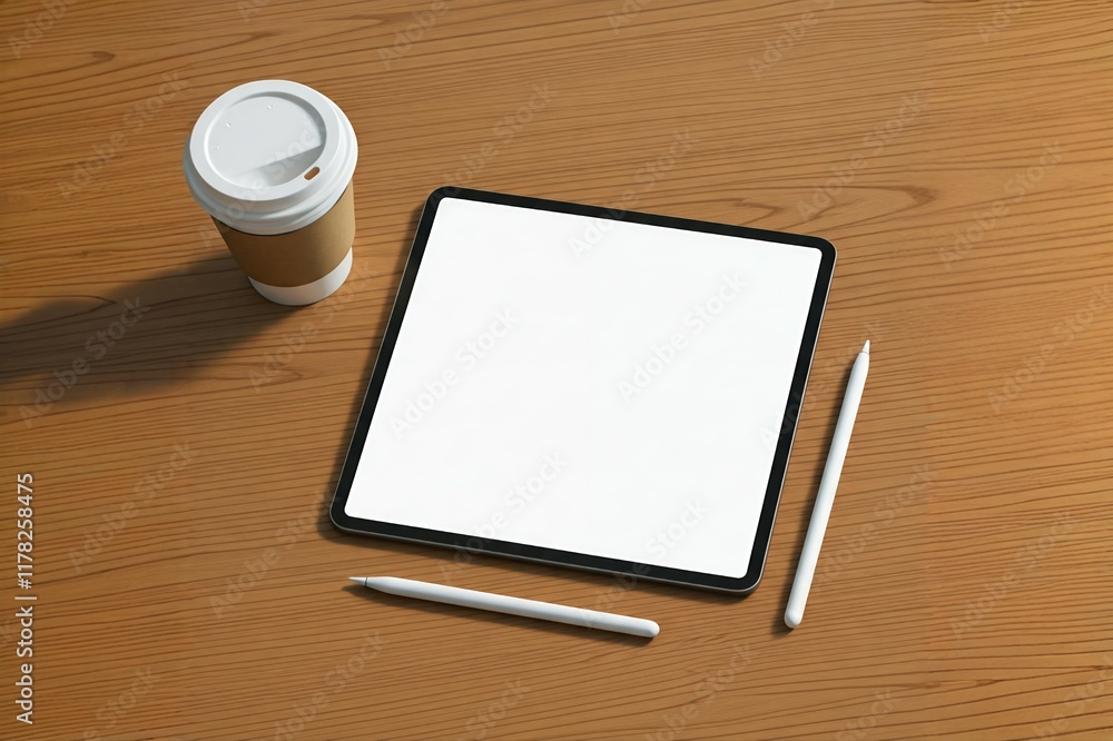 Tablet with stylus and coffee cup on wooden surface. Tablet with stylus and coffee cup on wooden surface.
