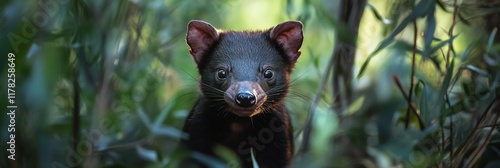 Tasmanian devil peering from lush green foliage. photo