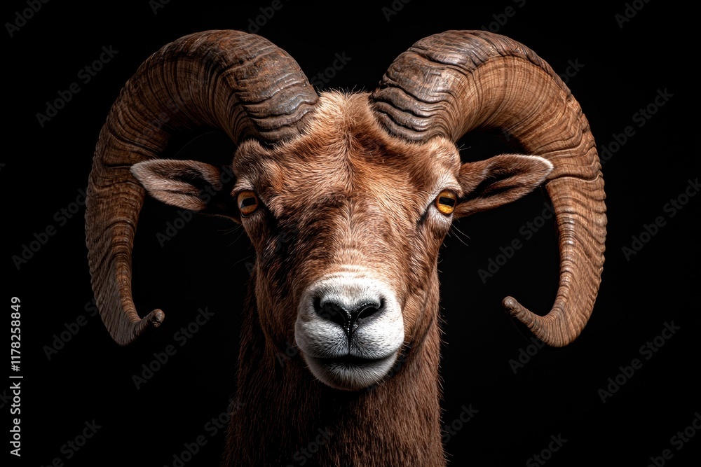 Close-up portrait of a majestic ram with large horns against a black background Close-up portrait of a majestic ram with large horns against a black background