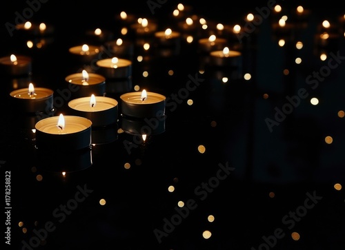Wallpaper Mural An array of beautifully lit tea candles on a black background with blurred lights, creating an atmosphere perfect for reflection or meditation during the winter season. Stock photo with space for text Torontodigital.ca
