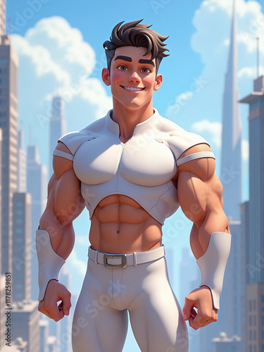 Cartoon Style Illustration of Muscular Male Hero In White Uniform in a Futuristic City 