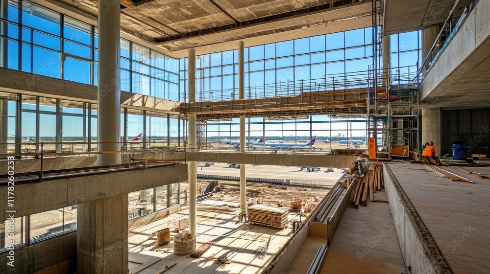 Airport terminal under construction, interior view showing large windows, concrete structure, scaffolding, and workers. Airport terminal under construction, interior view showing large windows, concrete structure, scaffolding, and workers.