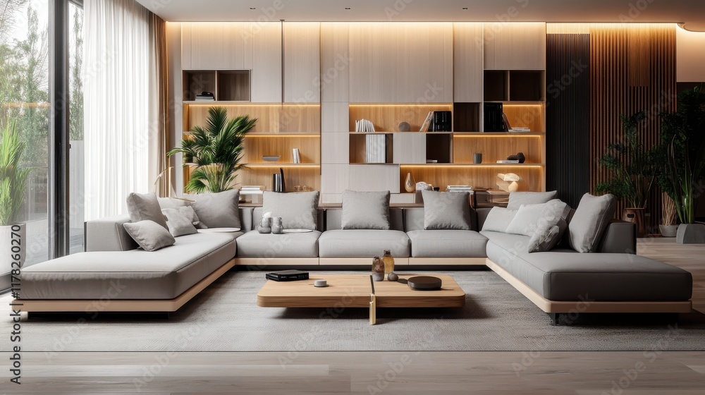 Fototapeta premium Modern luxurious living room, warm wood paneling, large L-shaped beige sofa, coffee table, potted plants, floor-to-ceiling curtains, soft lighting, minimalist design, open concept, neutral color palet