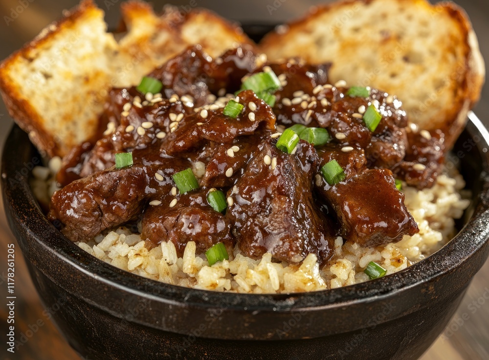 Close-up of a traditional Texas-style cowboy meal. A bowl is filled with succulent barbecue beef and rice, sprinkled with sesame seeds and green onion slices, served alongside delicious garlic bread. Close-up of a traditional Texas-style cowboy meal. A bowl is filled with succulent barbecue beef and rice, sprinkled with sesame seeds and green onion slices, served alongside delicious garlic bread.