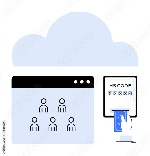 Cloud icon above a user interface window with user icons, digital payment terminal, and card interaction. Ideal for technology, finance, data, networking, security, remote work transactions