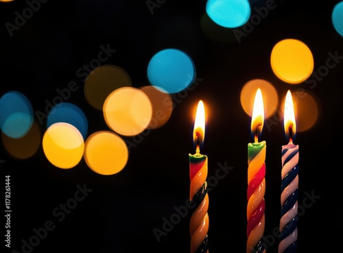 Close-up of burning candles against blurred lights, macro shot. Black background. Concept for holiday celebration or peaceful moment with copy space. Stock photo with 2/3 space for text.  photo