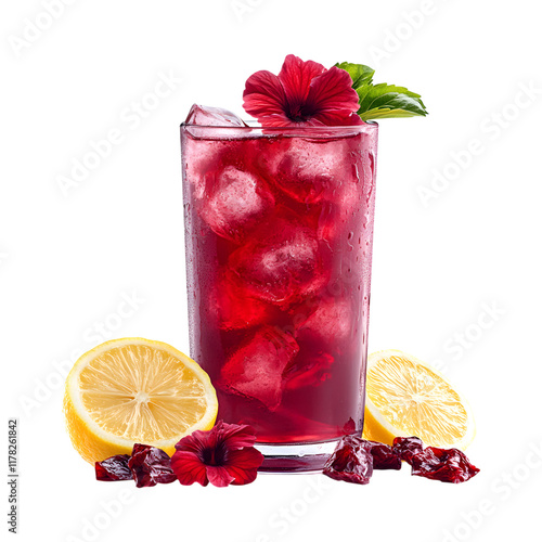 Hibiscus Lemonade with Lemon and Cherry Isolated on Transparent Background