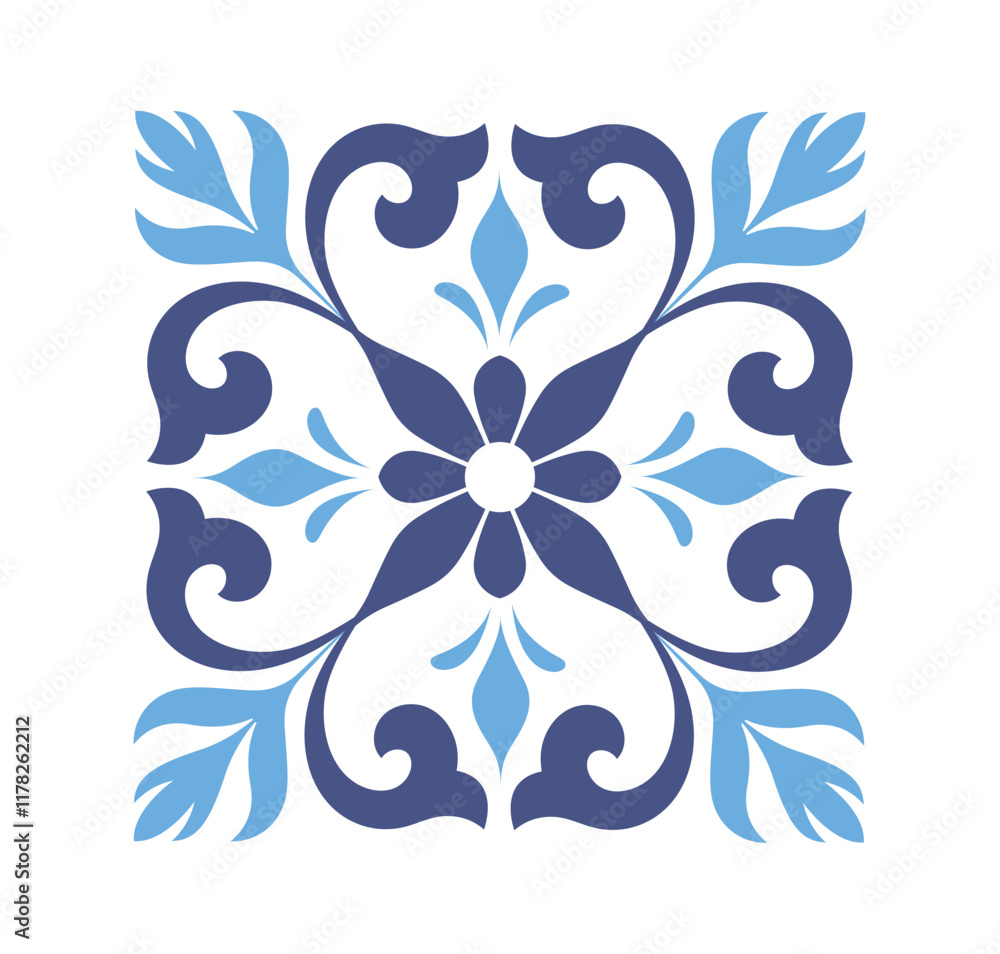 Fototapeta premium Decorative floral pattern in blue hues with symmetrical elements, featuring elegant curves and leaves, on a white background. Vector illustration