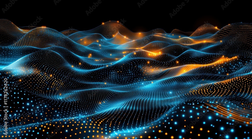 custom made wallpaper toronto digitalThis mesmerizing digital landscape features flowing waves of glowing blue and orange dots, creating a futuristic and ethereal atmosphere that captivates the viewer's imagination.