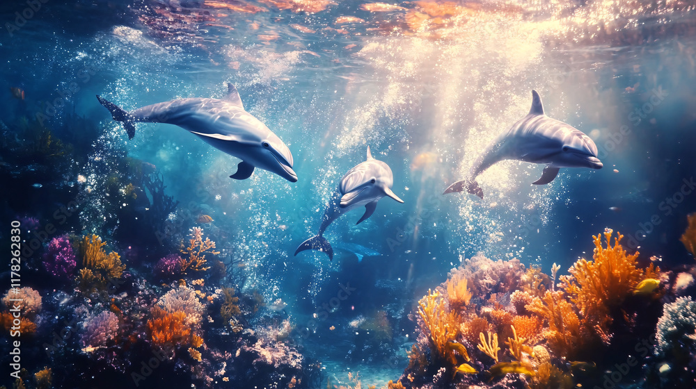 A playful underwater scene with dolphins dancing around a coral reef, their movements captured in dynamic splashes of water and light, symbolizing joy and freedom. A playful underwater scene with dolphins dancing around a coral reef, their movements captured in dynamic splashes of water and light, symbolizing joy and freedom.