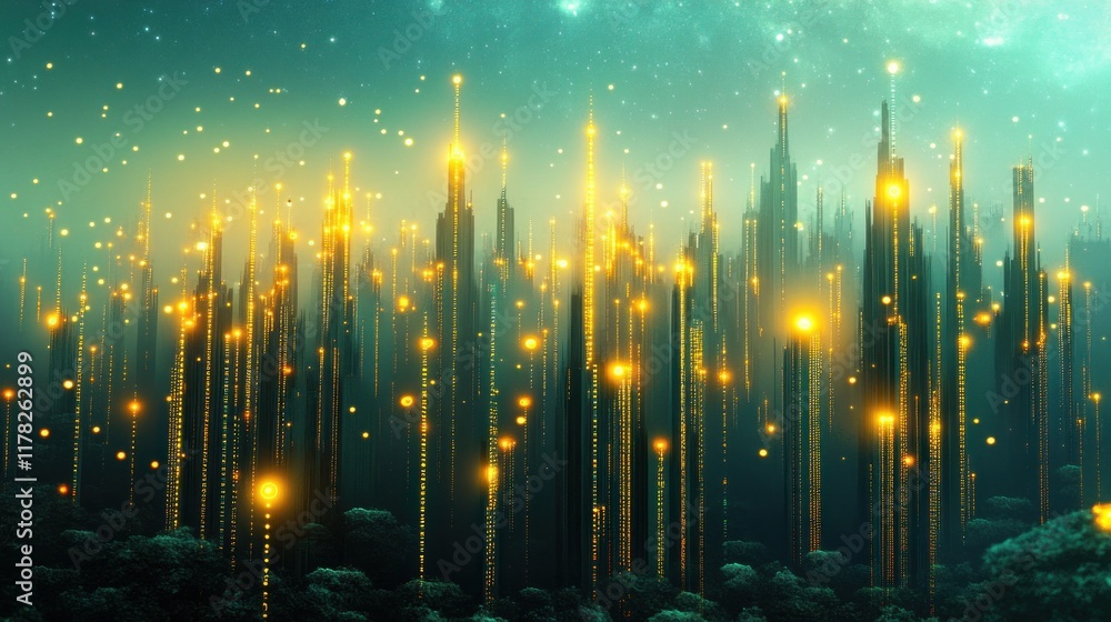 Futuristic city skyline at night with glowing towers. Futuristic city skyline at night with glowing towers.