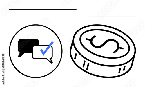 Chat bubbles with check mark and a currency coin. Ideal for financial technology, secure transactions, online banking, customer support, business communication, fintech apps, trust in services. Line