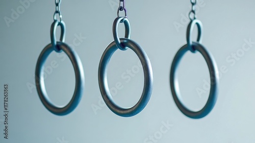 Three metallic gymnastic rings hanging from chains against a light blue background.
