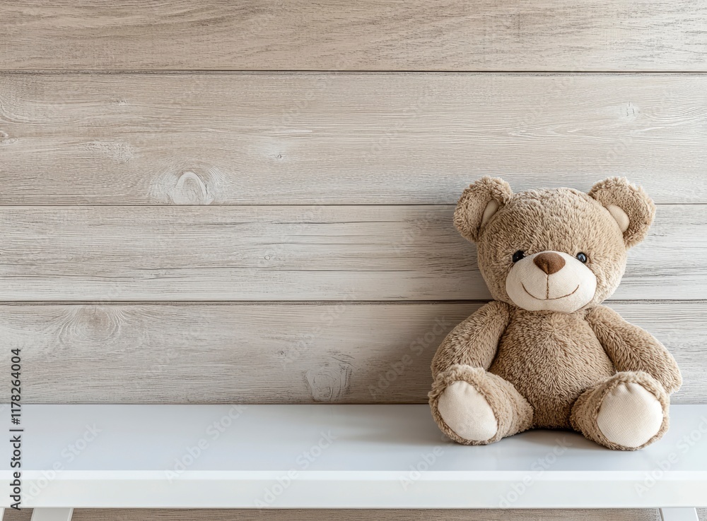 Obraz premium Cute brown teddy bear toy on a wooden background, studio shot, soft lighting, space for text. Stock photo with 2/3 space for copy, featuring an empty white table and a light wood wall in the backgroun