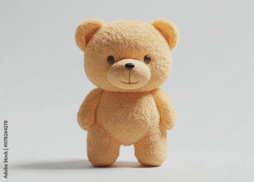 Obraz premium Cute teddy bear toy on a white background with copy space, 3D rendering, studio lighting, high-resolution photography, insanely detailed, fine details, isolated plain, stock photo color grading, light